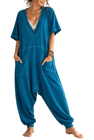 Natural Life Charlie Cotton Jumpsuit Teal Blue Deep V Pocket Romper Size M thumbnail 1