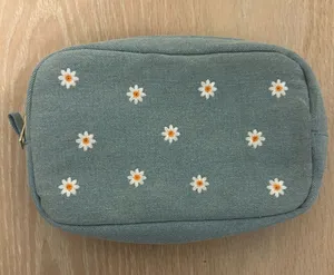Daisy Embroidered Travel Pouch in Light Teal thumbnail 1