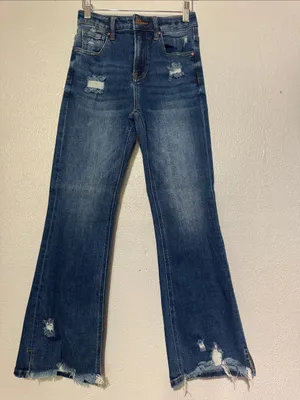 Risen Jeans Distressed High Waisted Flare Raw Frayed Shadow Hem 0/24 thumbnail 1