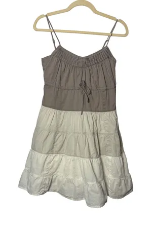 To The Max‎ Dress XS Gray Grey Tan White Tiered Cotton Boho Sundress Cottagecore thumbnail 1