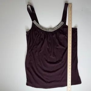 DKNY Beaded Neckline Tank Top Medium Brown Embellished Sparkle Y2K Glam Stretch‎ thumbnail 7