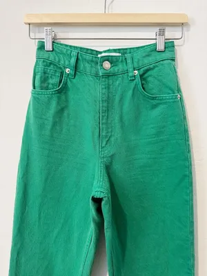 Zara Jeans Size 0 Green High‎ Rise Wide Leg Raw Hem Baggy Colored Denim Earthy thumbnail 4