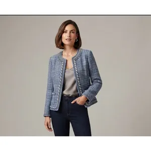 Boston Proper Blue Tweed Jacket Blazer Size 8 Bead Accents Rope Trim thumbnail 5