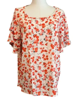 Floral Top XL Cream Orange Short Sleeve Flutter Soft Silk Coquette Feminine Boho thumbnail 1