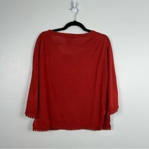 J Crew Linen Sweater With‎ Pom Pom Trim Red Sz XS thumbnail 7