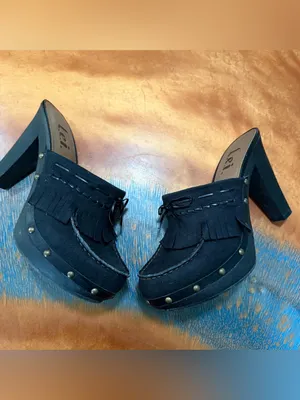 Vintage lei Anetteco Black Vegan Suede Fringe Stud Platform Mules size 9 thumbnail 4