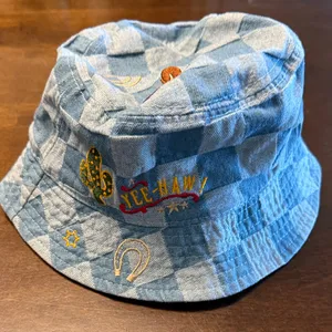 Urban Outfitters Denim Poppy Checkered Cowboy Cowgirl Embroidered Bucket Hat thumbnail 1