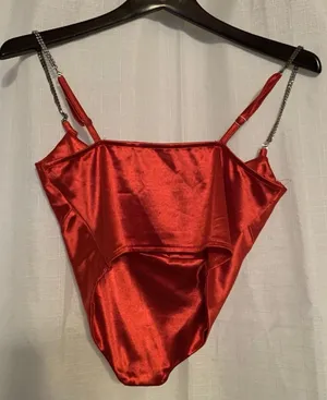 Red Satin Cowl Cami Top With Rhinestone Straps Size Small thumbnail 1