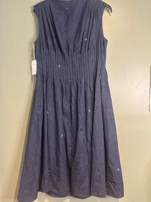NWT Women's Large Chambray Midi Dress 100% Cotton Sailboat Embroidered Coastal thumbnail 7