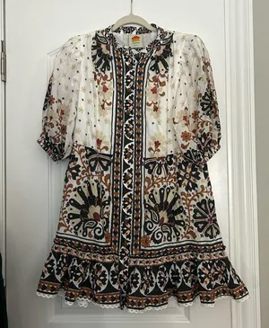 Flower Fan Tapestry Print Puff Sleeve Belted Mini Shirtdress thumbnail 1