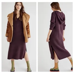 Free People Beach Claudia Midi Sweater Dress Plum Hooded V-Neck Side Slit Knit thumbnail 2