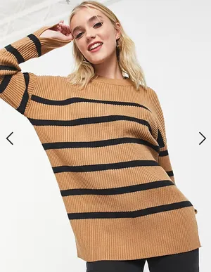 NWOT Abercrombie & Fitch Brown Blue Stripe Ribbed Crewneck Sweater Minimal XS thumbnail 1
