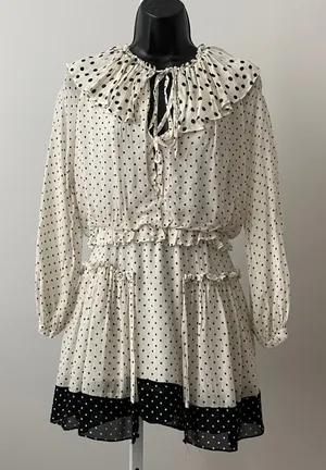 ZARA Cottage XS White Polka‎ Dot Mini Dress Ruffle Collar Boho Chic thumbnail 1