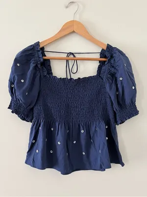 Hill House Home Jewel Jammy Top Navy Blue Smocked Peplum Puff Sleeve Size M thumbnail 3
