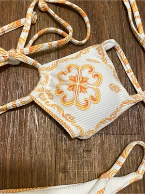 Zaful Juniors M Medium 2 Pc Bikini Swim Suit Baroque White Yellow Orange NWT New thumbnail 2