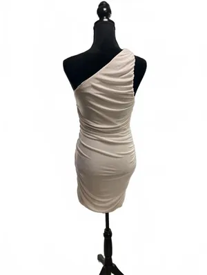 One Shoulder Ruched Bodycon Dress Champagne Beige Mini Cocktail Party Sz Large thumbnail 4