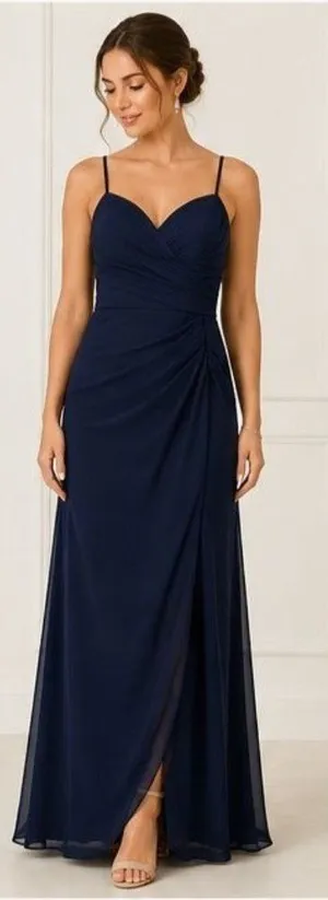 Gather & Gown Size 12 Navy Formal Gown Sweetheart Ruched Chiffon Wedding Guest thumbnail 1