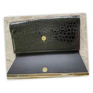 ALDO Black Faux Croc Clutch Wallet‎ Purse Envelope Gold Bar Snap Closure Large thumbnail 4