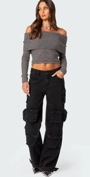 Off The Shoulder Gray Sweater thumbnail 1