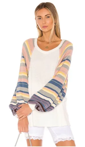Free People Rainbow Dreams Balloon Sleeve Thermal Knit Blouse, EUC, Medium thumbnail 1