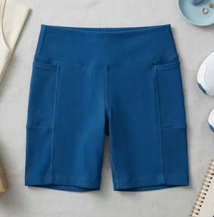 Mondetta Performance Luxury Blue Ribbed High Rise Biker Shorts Pockets Large NWT thumbnail 1