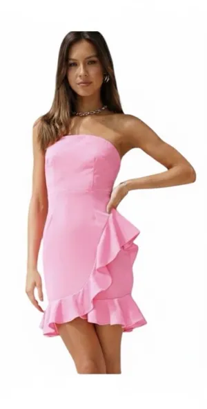 Hello Molly Bright Pink Strapless Mini Dress Ruffle M 6 Party Date Night thumbnail 1
