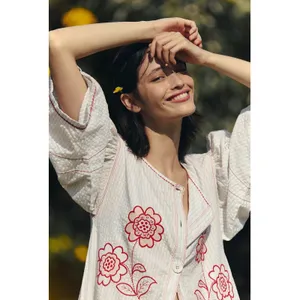 Free People Embroidered Cottage Bohemian Seersucker Saugatuck Midi Dress Large thumbnail 2