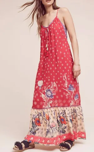 Maeve Anthropologie Juniper Red Paisley Floral Maxi Boho Dress Size L thumbnail 1