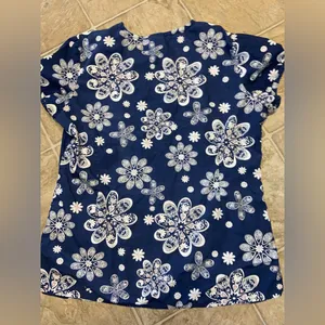 Willow Brook Navy Blue and Light Pink Floral Scrub Top thumbnail 2