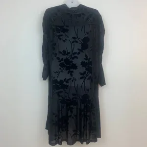 Zapelle Women's L/XL Black Sheer Burnout Velvet Floral Midi Dress Ruched Sleeves thumbnail 3