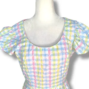 Vintage 70s Pastel Gingham Smocked Maxi Dress‎ Puff Sleeve Cottagecore Romantic thumbnail 3