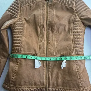 Max Edition‎ NWOT Womens Brown Faux Leather Quilted Moto Jacket Size Medium thumbnail 8
