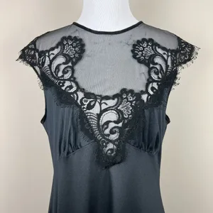 Vintage Sears Nightgown Women Medium Black Mesh Lace Satin Long Sleeveless Sheer thumbnail 3
