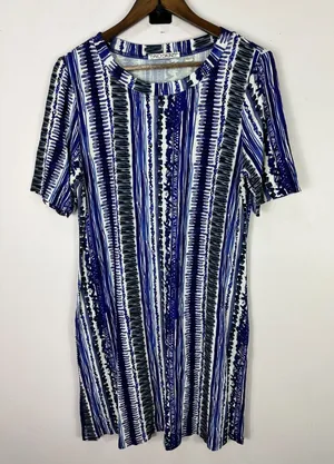 Snoskins‎ T-Shirt Dress Womens L Blue Abstract Stripe Short Sleeve Stretch Artsy thumbnail 1