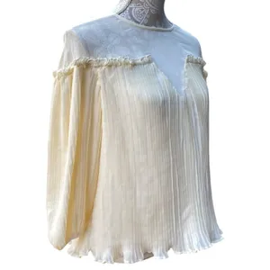 Topshop Boho Feminine Fairy Romantic Cream Pastel Pleated Sheer Neckline Blouse Size 8 thumbnail 3