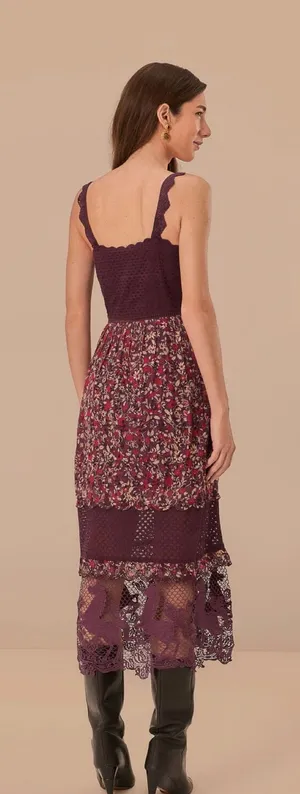 $280 EUC Farm Rio Purple Chelsea Garden Embroidered Lace Midi Tiered Dress S thumbnail 1