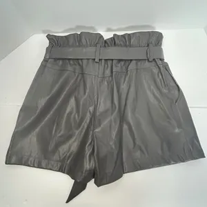 Easel Los Angeles Gray Black Faux Leather Paperbag Waist Shorts Tie Belt Large‎ thumbnail 7
