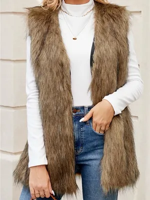 Faux Fur Open Front Vest in Taupe Brown thumbnail 2