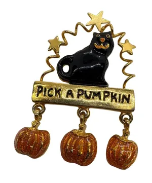 Vintage Halloween Brooch Gold Tone Black Cat Pick A Pumpkin Dangle Pin Enamel thumbnail 1