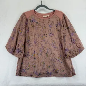 LOGO Lavish by Lori Goldstein Pink Floral Eyelet Elbow‎ Sleeve Top Blouse Large thumbnail 1