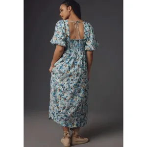 Anthropologie Floral Print Blue Midi Dress Puff‎ Sleeve Smocked Casual Size XS thumbnail 2