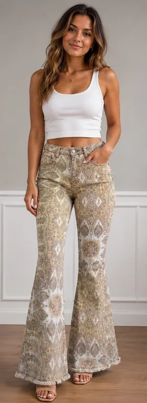 Buckle Saints & Hearts Boho Printed Flare Pants in Neutral Tones thumbnail 1