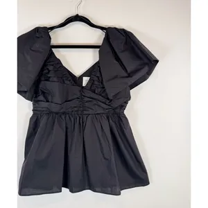Hyacinth House Womens Top Black Margaux Flutter V Neck Peplum Blouse Medium thumbnail 6