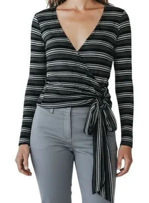 FREE PEOPLE Always With Me Striped Black Gray Wrap Tie Crop Top EUC Size‎ Small thumbnail 1