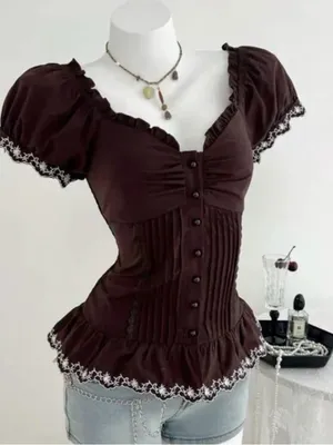 Brown Ruffled Peplum Button thumbnail 1