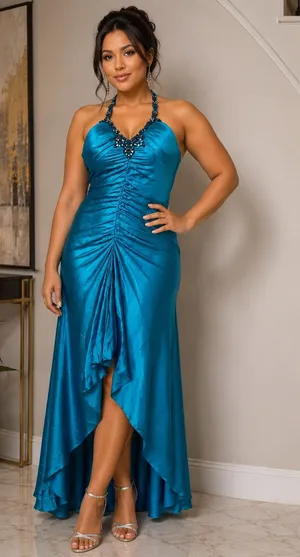 Cache Teal Beaded Halter High-Low Satin Dress thumbnail 1