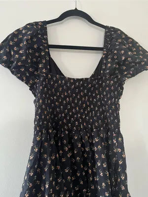 Black Orange Floral Print Puff Sleeve Smocked Midi Dress Medium Cottagecore thumbnail 9