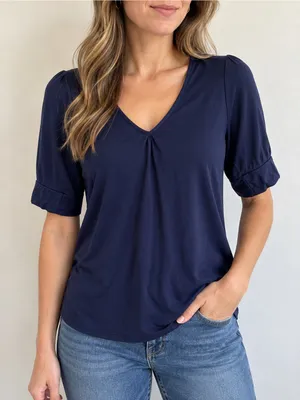Sojourn Womens Small Petite Navy Blue V Neck Puff Sleeve Knit Top Made USA thumbnail 1