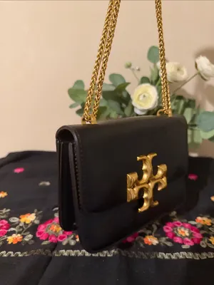 Tory Burch Black Leather Crossbody with Gold Logo Chain thumbnail 6