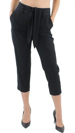 NEW DKNY Straight Leg Ankle Cropped Belted Pants XJ1PS623 Black Striped 4P thumbnail 1